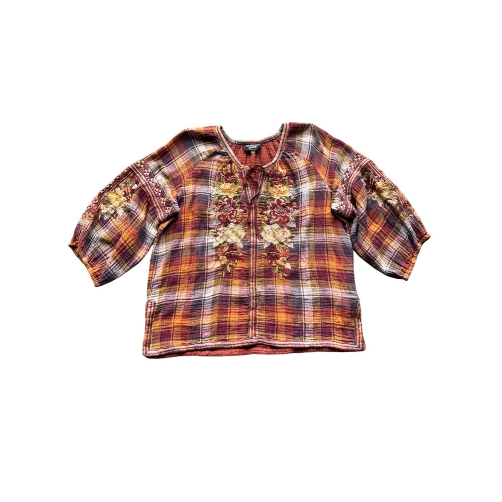 Johnny Was Workshop XL Embroidered Plaid Gauze Blouse Fall Boho Peasant Top